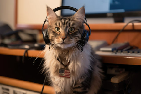 cat with headset and pilot wings, preparing for take-off, created with generative aiの素材