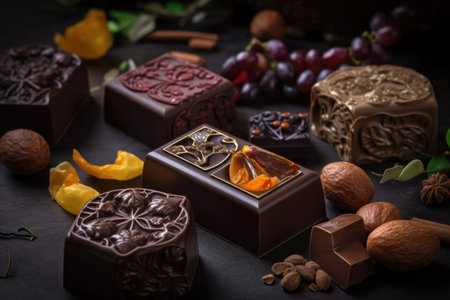 intricately detailed chocolates with dried fruit, nuts, and spices as accents, created with generative aiの素材