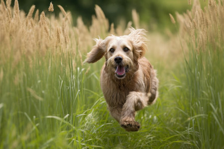 portrait of dog running through field of tall green grass, created with generative aiの素材