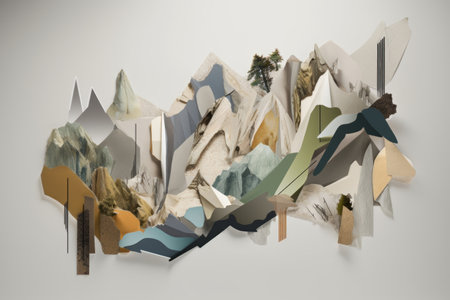 a series of deconstructed and fragmented shapes depicting a journey through different landscapes, created with generative aiの素材