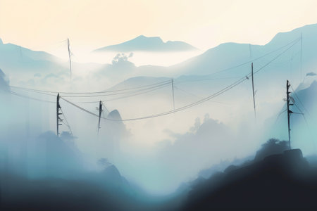 abstract and surreal landscape with floating shapes and lines in the misty fog, created with generative aiの素材