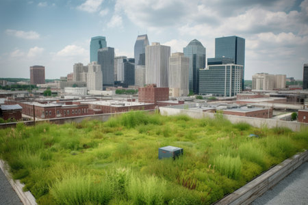 green rooftop with view of the city skyline and tall buildings, created with generative aiの素材