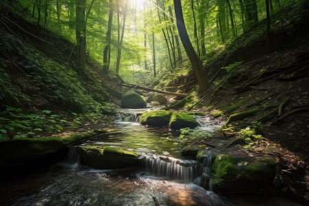 cascading spring waterfall in lush forest, with sunlight filtering through the trees, created with generative aiの素材