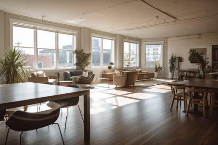 co-working space with open floor plan and natural light, created with generative aiの素材