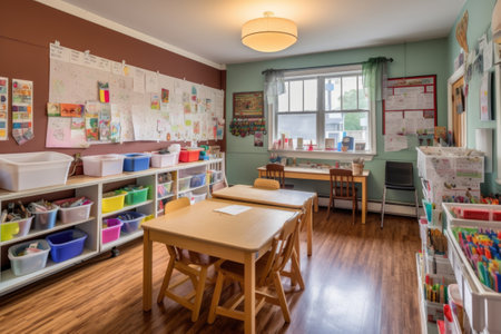 colorful classroom with arts and crafts supplies, books, and notebooks for young students, created with generative aiの素材