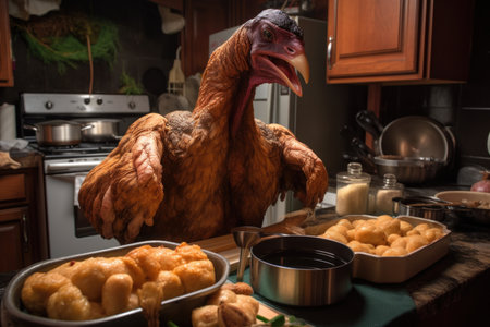 alien chef prepares roast turkey with stuffing and gravy for thanksgiving feast, created with generative aiの素材