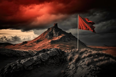 high peak with red flag against dramatic sunset sky, created with generative aiの素材