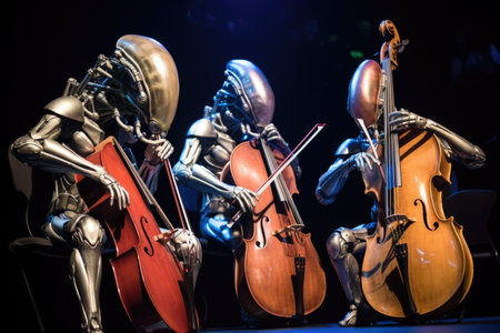 a trio of alien musicians playing their instruments in harmony at a concert hall, created with generative aiの素材