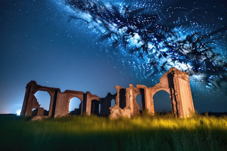 ancient ruins, with view of the starry night sky, and distant stars visible, created with generative aiの素材