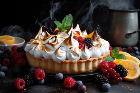 a pie or tart with a meringue topping and fruit filling, created with generative aiの素材