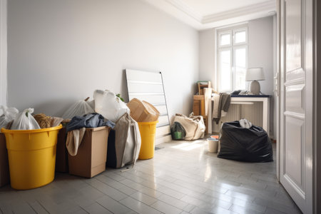 decluttering room, with bin and bags for donations or trash, created with generative aiの素材