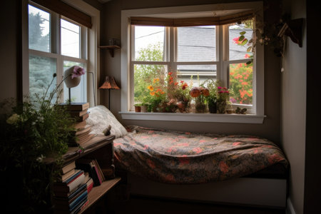 cozy reading nook by the window, with view of blooming flowers and hummingbirds, created with generative aiの素材