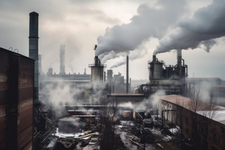 steam, smoke, and fumes billow forth from factory chimneys on a gray and gloomy day, created with generative aiの素材