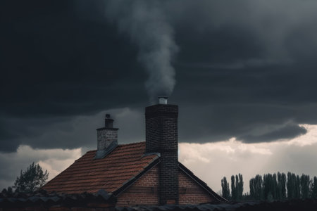 dramatic lighting and stormy sky in the background with chimney standing against the dark clouds, created with generative aiの素材