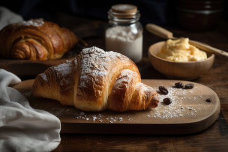 homemade croissant, dusted with powdered sugar and filled with sweet pastry cream, created with generative aiの素材
