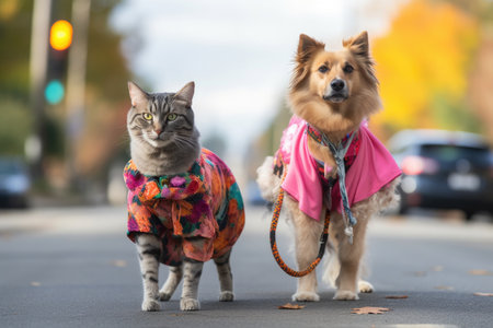 cat and dog walking down runway together in elaborate fashions, created with generative aiの素材