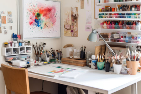 creative, art-filled homeschooling space with mixed media, painting and drawing supplies, created with generative aiの素材