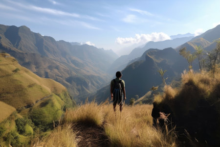 trekking with breathtaking view on the mountainside, created with generative aiの素材