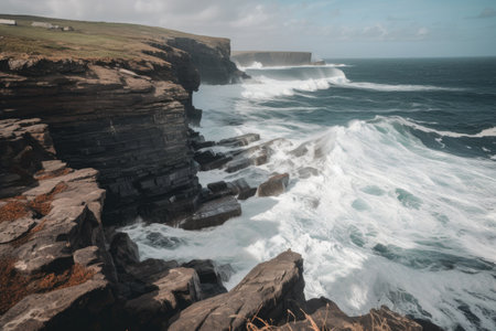 coastal cliffs with weathered rock and waves crashing below, created with generative aiの素材