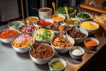 fusion taco bar, with different kinds of tacos, salsas and toppings available, created with generative aiの素材