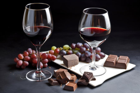 chocolate and wine pairing with rich, dark chocolate and berry-flavored wine, created with generative aiの素材