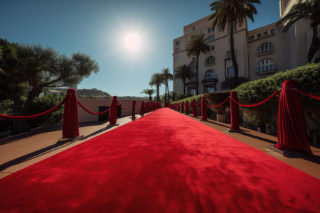 red carpet rolling out for a grand and glamorous event, with view of the venue visible in the background, created with generative aiの素材