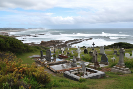 cemetery, with view of the sea, and waves breaking on the shore, created with generative aiの素材