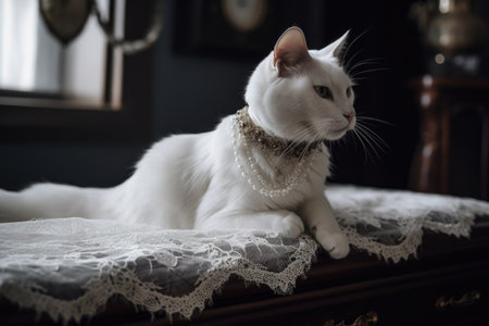 feline fashion designer creating unique outfit using delicate lace and pearls, created with generative aiの素材