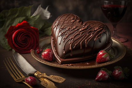 heart-shaped chocolate cake decorated with fresh rose and drizzled with ganache glaze, created with generative aiの素材