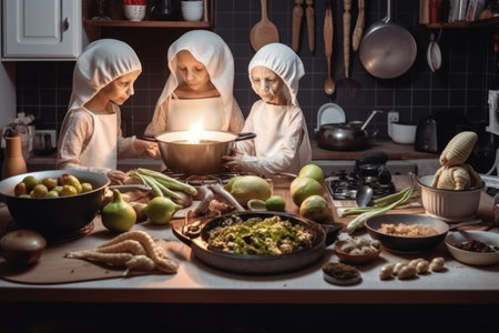alien family cooking together in the kitchen, preparing traditional meal for holiday, created with generative aiの素材