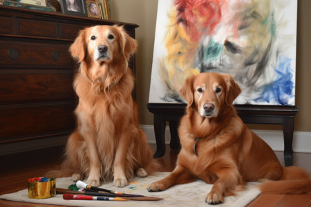 two pets, one brush, and a blank canvas, created with generative aiの素材