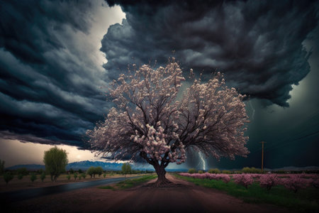 blossoming tree surrounded by stormy sky, with thunder and lightning in the distance, created with generative aiの素材