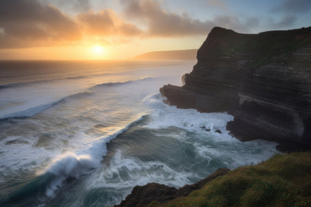coastal cliff with view of crashing waves, ideal for sunrise or sunset, created with generative aiの素材