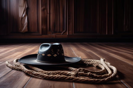 cowhide rug on wooden floor with cowboy hat and rope in the background, created with generative aiの素材