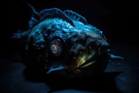 deep-sea anglerfish, with bioluminescent lure and eerie eyes, waiting in darkness, created with generative aiの素材