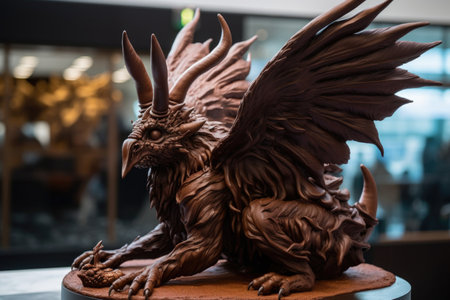 chocolate sculpture of a mythical creature, with wings and horns made from chocolate, created with generative aiの素材