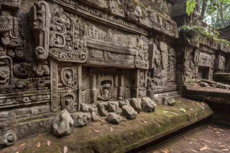 close-up of intricate carvings on stone ruins, created with generative aiの素材
