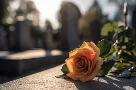 close-up of a single rose, laid upon a headstone, created with generative aiの素材
