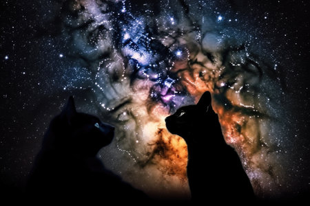cosmic nebula with silhouette of feline and canine astronaut in space, created with generative aiの素材