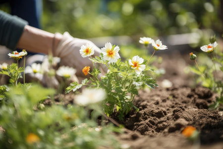 person, planting new seedling in community garden, with view of blooming flowers, created with generative aiの素材