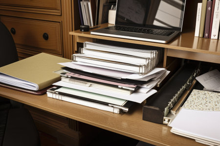 close-up of organized home office, with laptop, files, and notebook visible, created with generative aiの素材