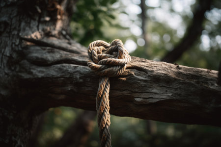 rope tied in figure eight and hangin from a tree branch, created with generative aiの素材