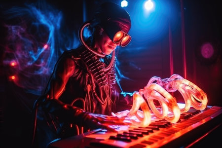 alien musician performing with light and flame show, creating a unique and mesmerizing experience, created with generative aiの素材