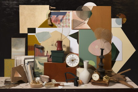 cubist collage of various objects, ranging from household items to natural elements, created with generative aiの素材