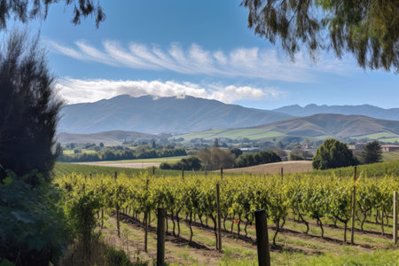 sunny day in vineyard with rolling hills and towering mountains in the background, created with generative aiの素材