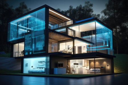 a futuristic home with touch screens, voice control, and other cutting-edge technologies, created with generative aiの素材