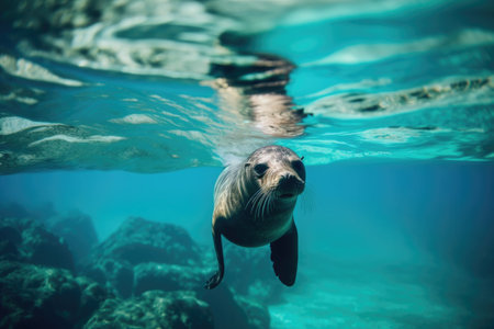 marine mammal swimming in clear blue water, created with generative aiの素材