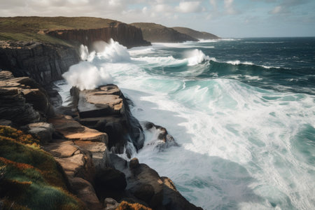 majestic coastal cliffs, with waves crashing against the rocks below, created with generative aiの素材