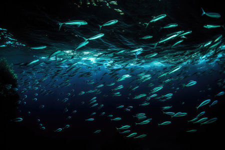 school of fish swimming together, creating a mesmerizing display of bioluminescence, created with generative aiの素材