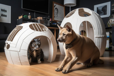 dog and cat architects collaborating on design, sketching out futuristic projects, created with generative aiの素材